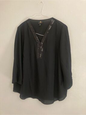 JM Collection Black Sequin-Trim V-Neck Tunic